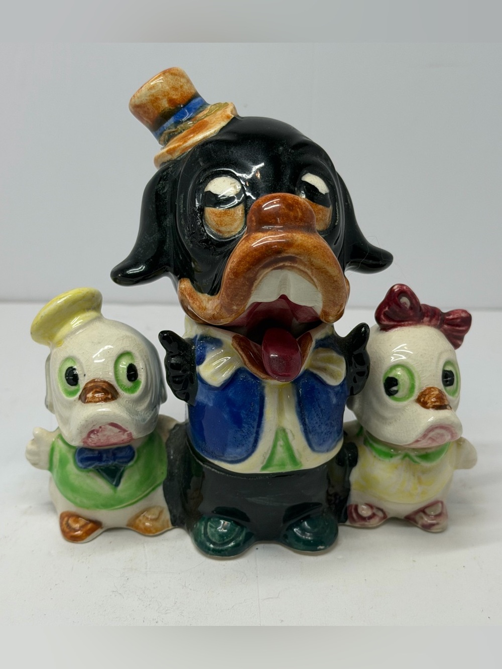 Rare Vintage Japanese Ceramic Hound Dog & Puppies Condiment / Jam Pot Set